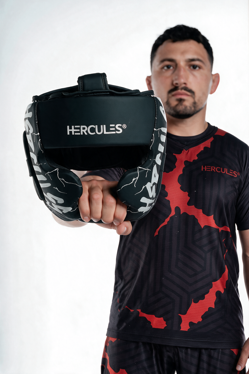 Hercules Fight Gear Kafa Koruyucu - Siyah Beyaz - Boks, MMA, Kickboks