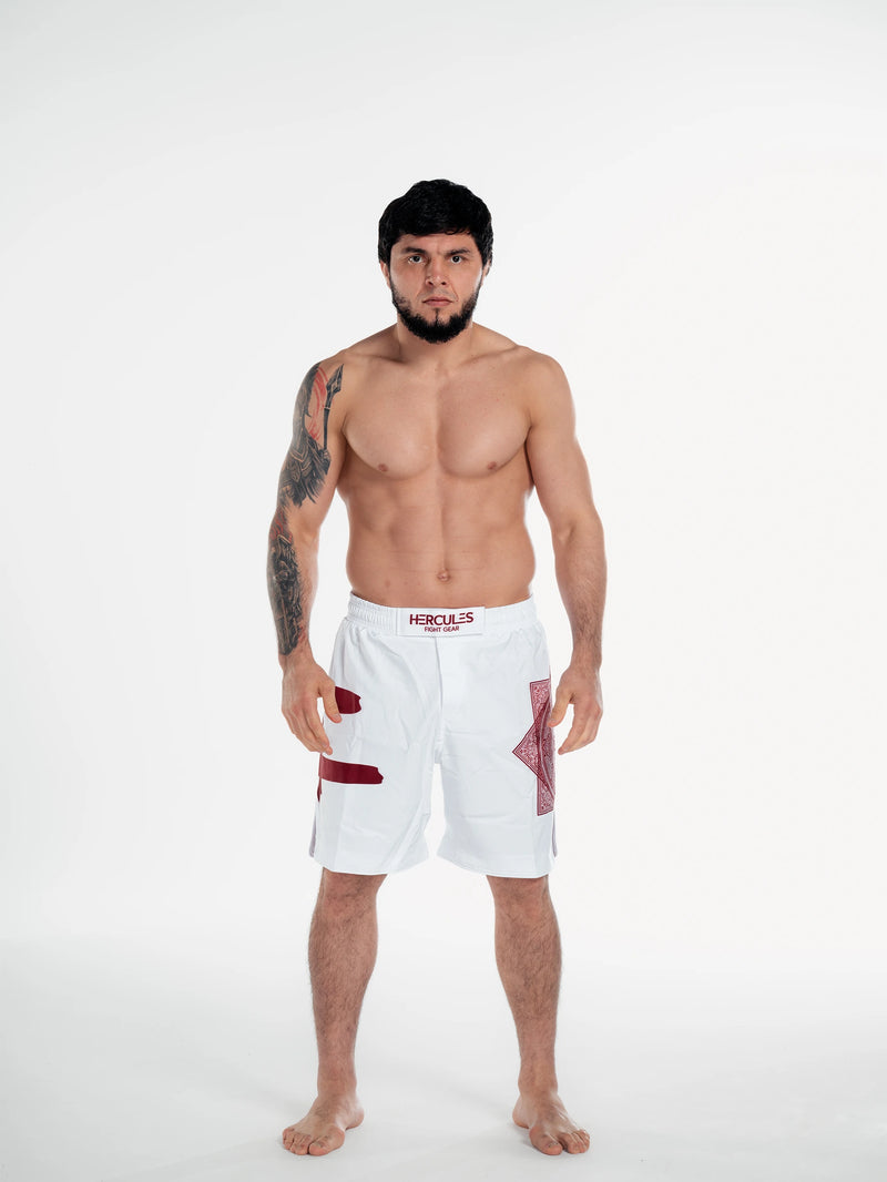 Beyaz Bordo Desenli MMA & Muay Thai Dövüş Şortu – Fitness & Spor Antrenman