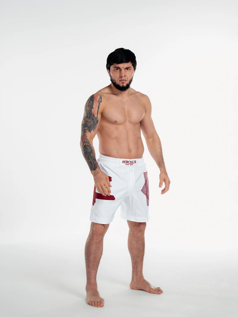 Beyaz Bordo Desenli MMA & Muay Thai Dövüş Şortu – Fitness & Spor Antrenman