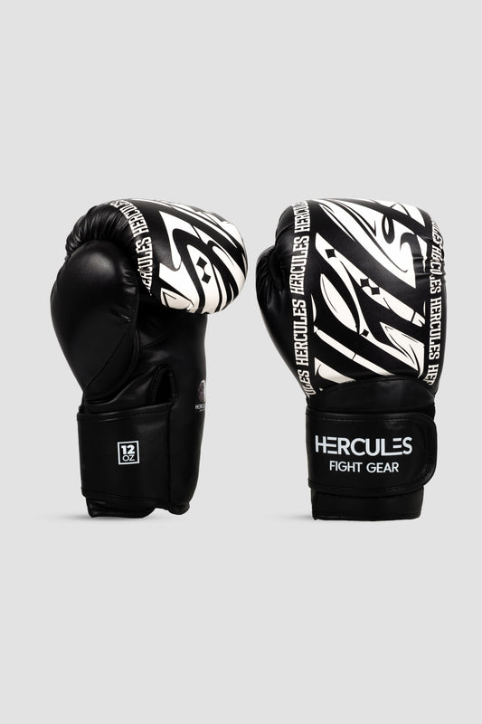 Hercules Fight Gear Desenli Siyah Beyaz Boks, Kickboks Eldiveni - Profesyonel Antrenman İçin - Hercules