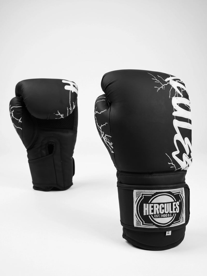 Hercules Siyah - Beyaz Şimşek Desenli Profesyonel Boks ve Kickboks Eldiveni