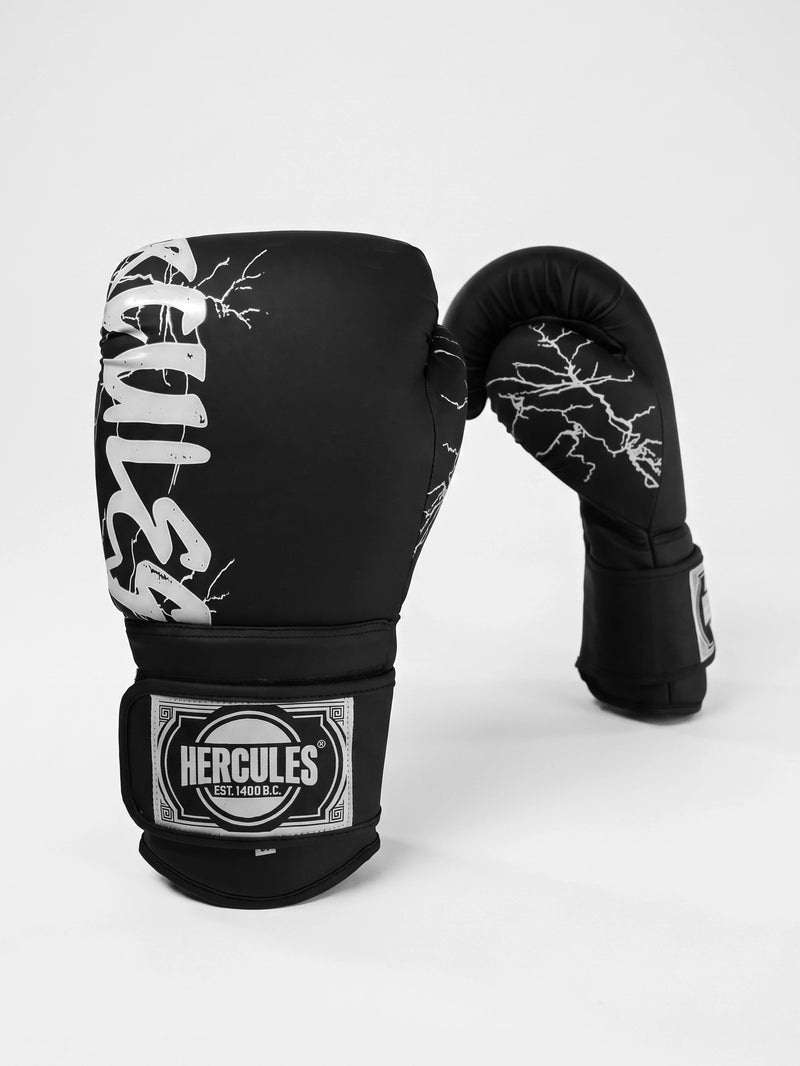 Hercules Siyah - Beyaz Şimşek Desenli Profesyonel Boks ve Kickboks Eldiveni