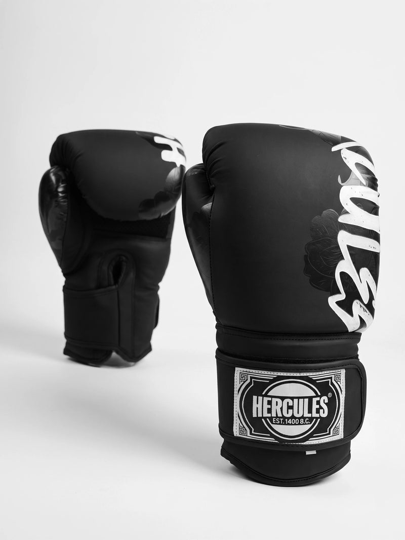 Hercules Siyah - Beyaz Çiçek Desenli Profesyonel Boks ve Kickboks Eldiveni