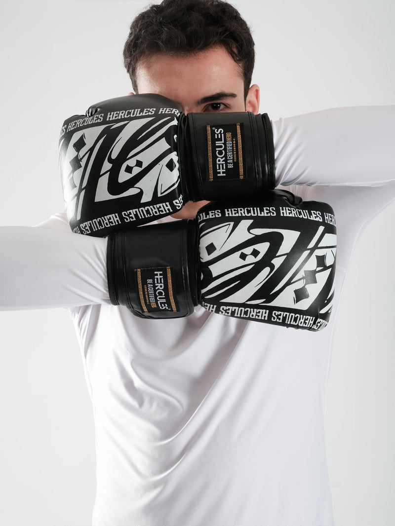 Hercules Fight Gear Desenli Siyah Beyaz Boks, Kickboks Eldiveni - Profesyonel Antrenman İçin