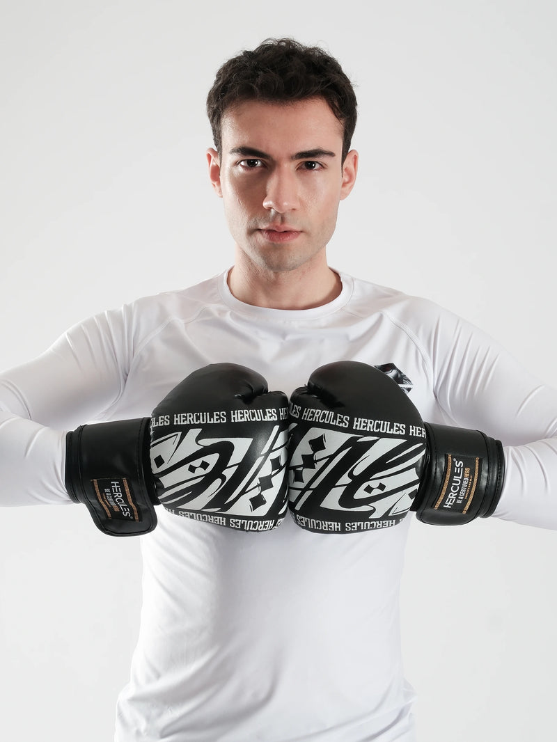 Hercules Fight Gear Desenli Siyah Beyaz Boks, Kickboks Eldiveni - Profesyonel Antrenman İçin