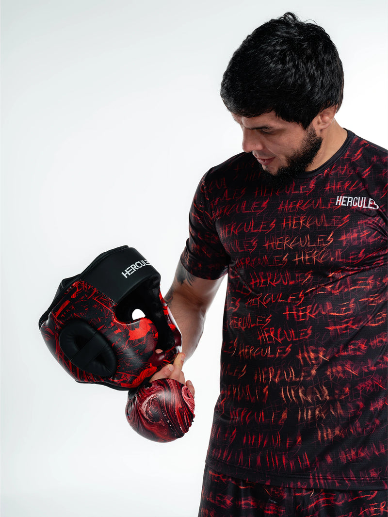 Hercules Fight Gear Kafa Koruyucu - Kırmızı Desenli Siyah - Boks, MMA, Kickboks