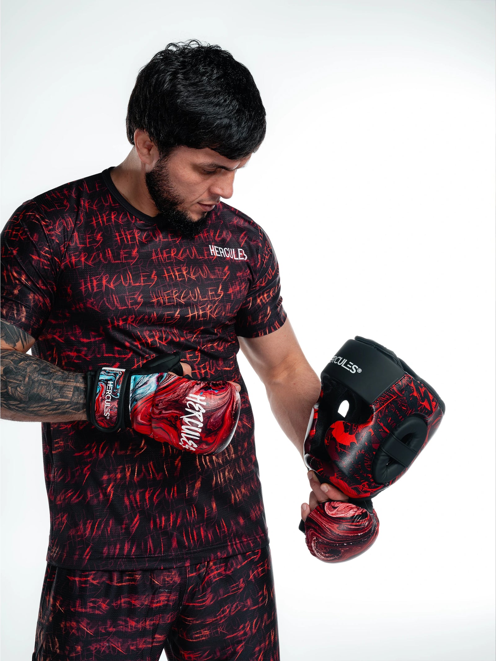Hercules Fight Gear Kafa Koruyucu - Kırmızı Desenli Siyah - Boks, MMA, Kickboks