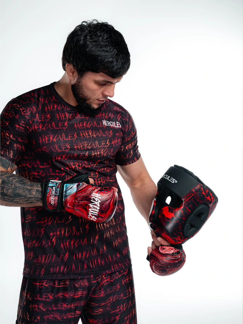 Hercules Fight Gear Kafa Koruyucu - Kırmızı Desenli Siyah - Boks, MMA, Kickboks